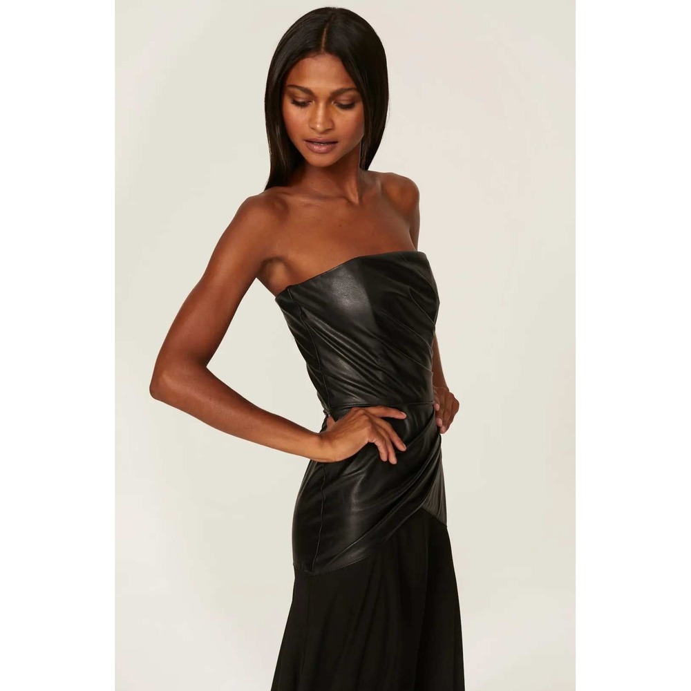 Shoshanna Rustin Faux Leather Gown Black Chiffon Bustier Dress Sz 6 - Picture 2 of 11